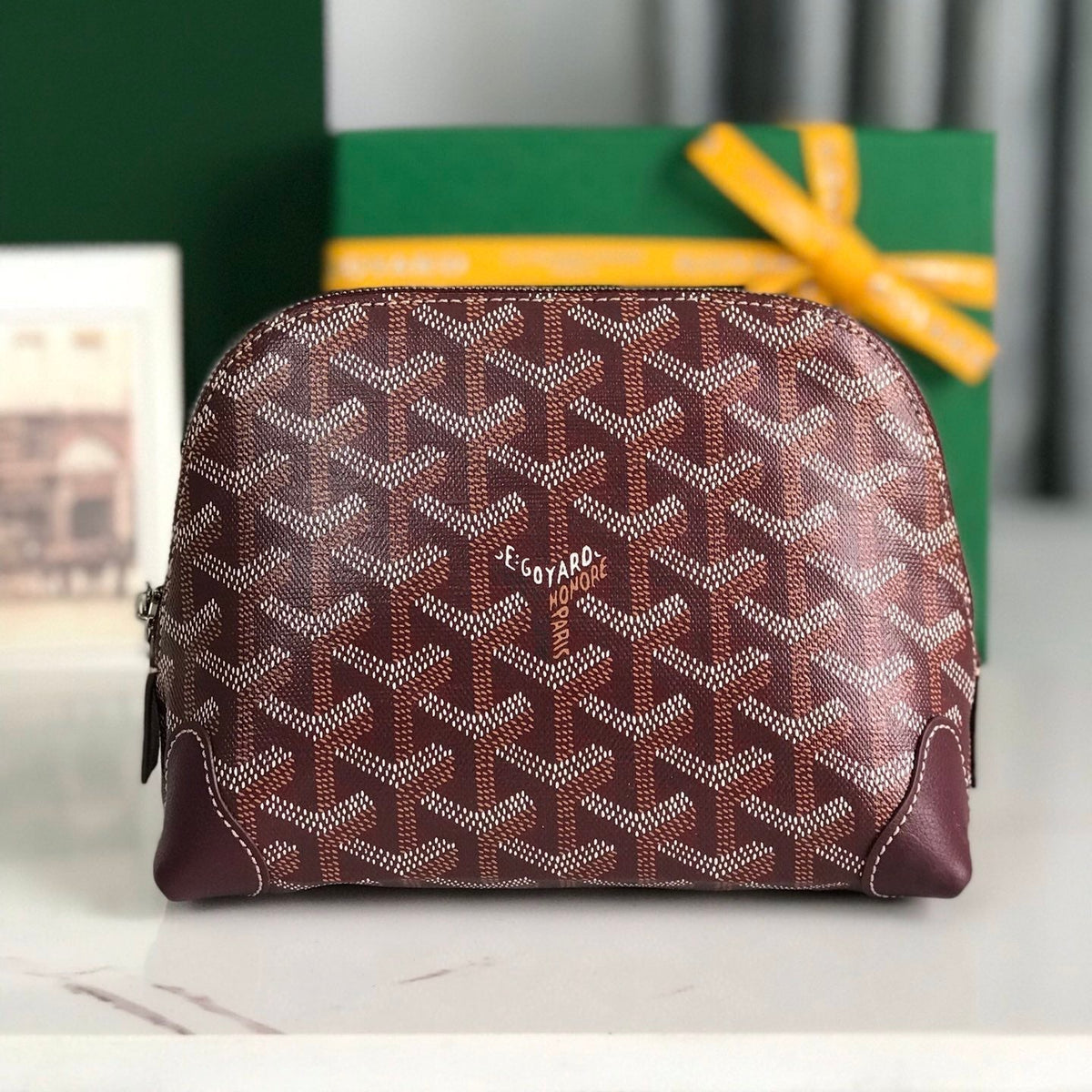 Goyard Vendôme Cosmetic Pouch 17 in Wine Red Goyardine Canvas and Calfskin Trim
