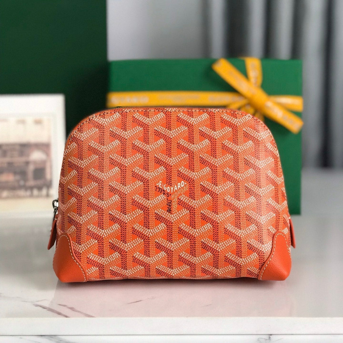 Goyard Vendôme Cosmetic Pouch 17 in Orange Goyardine Canvas and Calfskin Trim