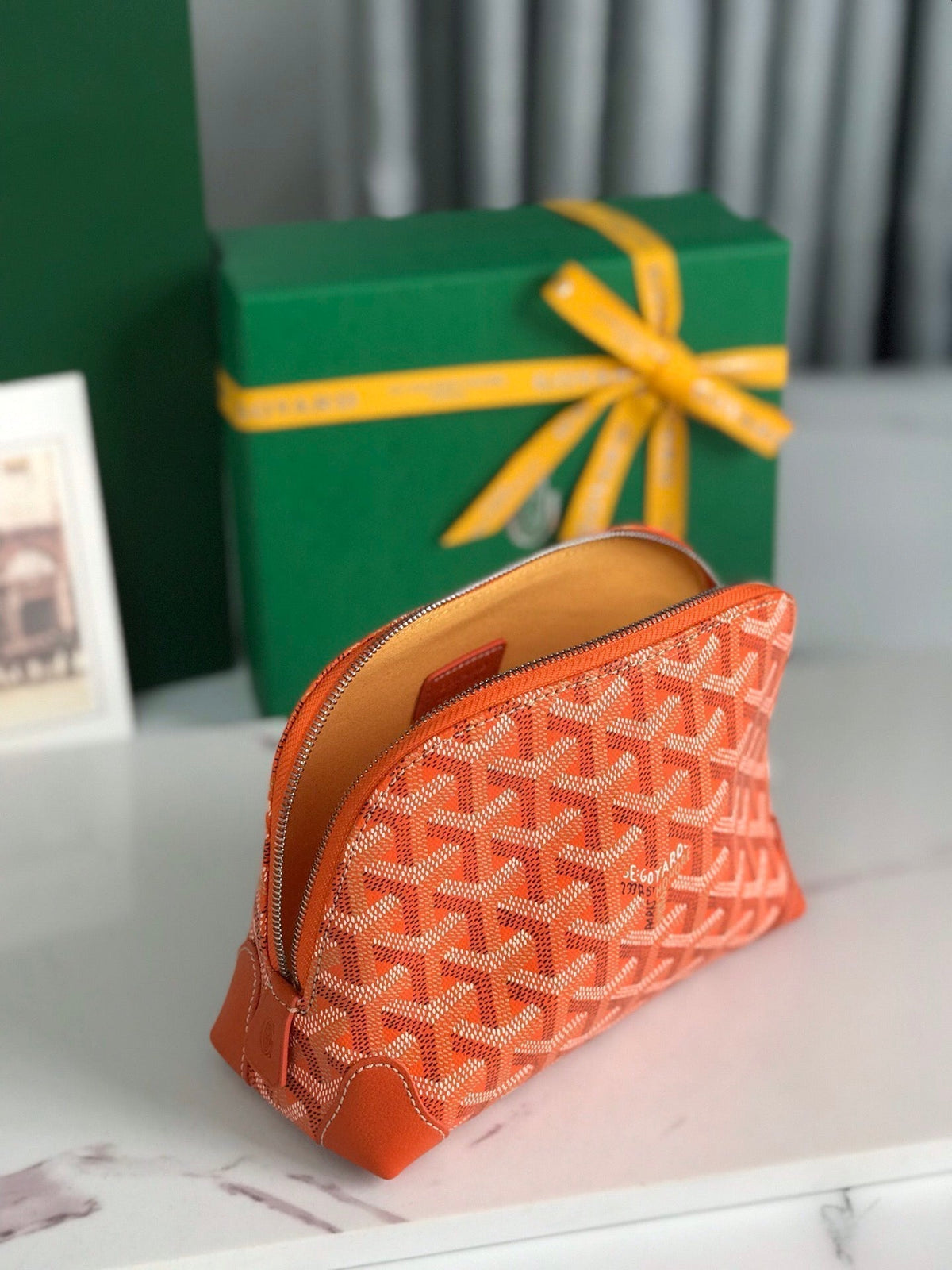 Goyard Vendôme Cosmetic Pouch 17 in Orange Goyardine Canvas and Calfskin Trim