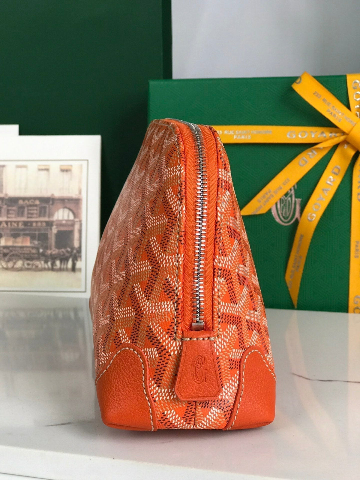 Goyard Vendôme Cosmetic Pouch 17 in Orange Goyardine Canvas and Calfskin Trim