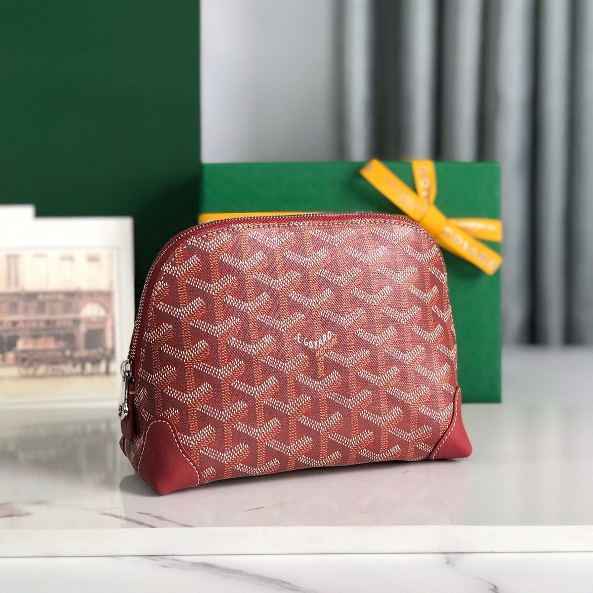 Goyard Vendôme Cosmetic Pouch 17 in Classic Red Goyardine Canvas and Calfskin Trim