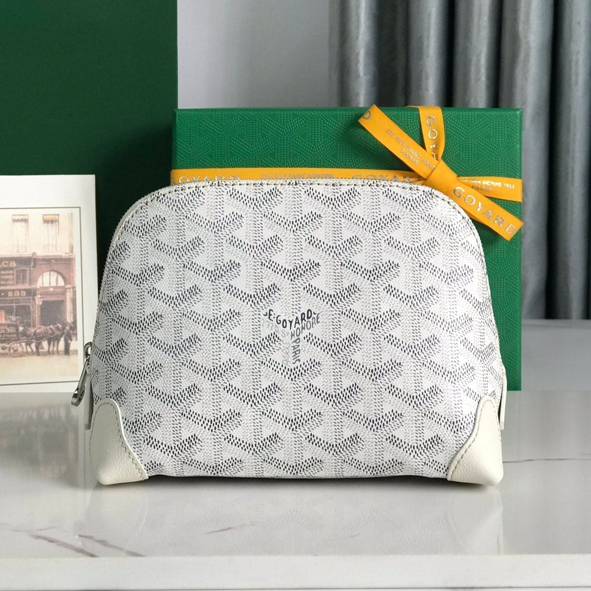 Goyard Vendôme Cosmetic Pouch 17 in White Goyardine Canvas and Calfskin Trim