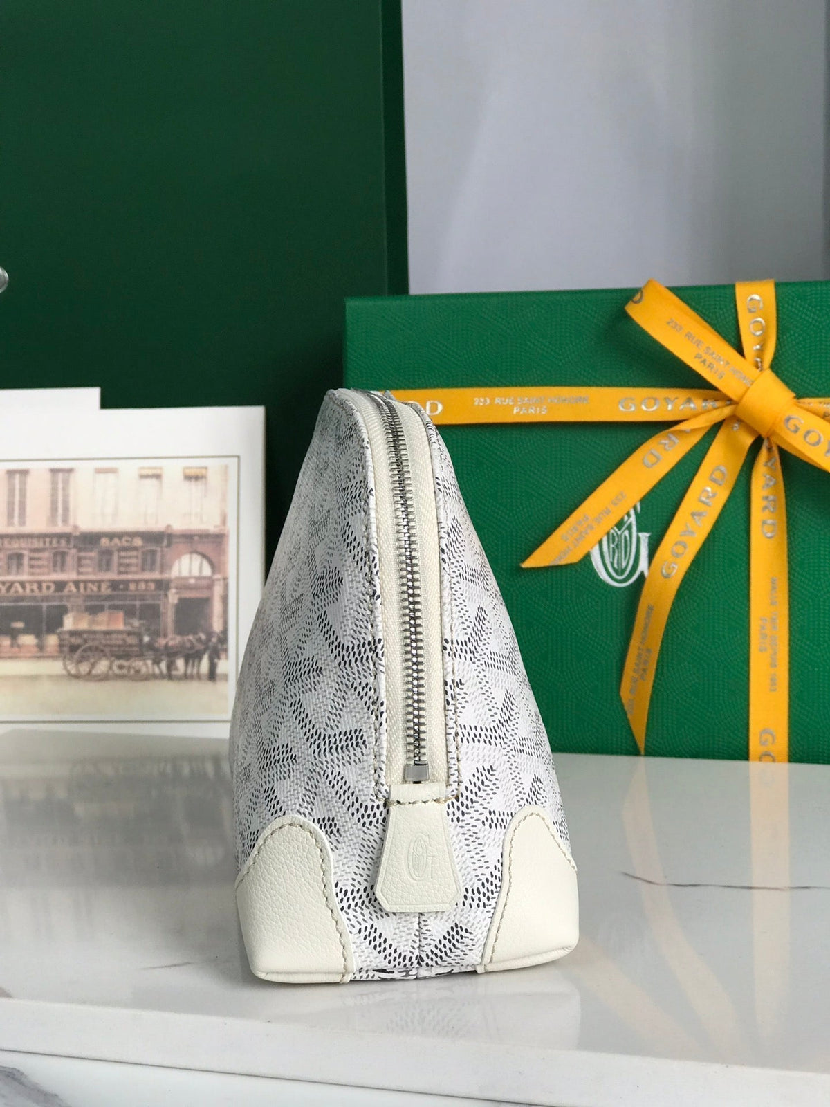 Goyard Vendôme Cosmetic Pouch 17 in White Goyardine Canvas and Calfskin Trim