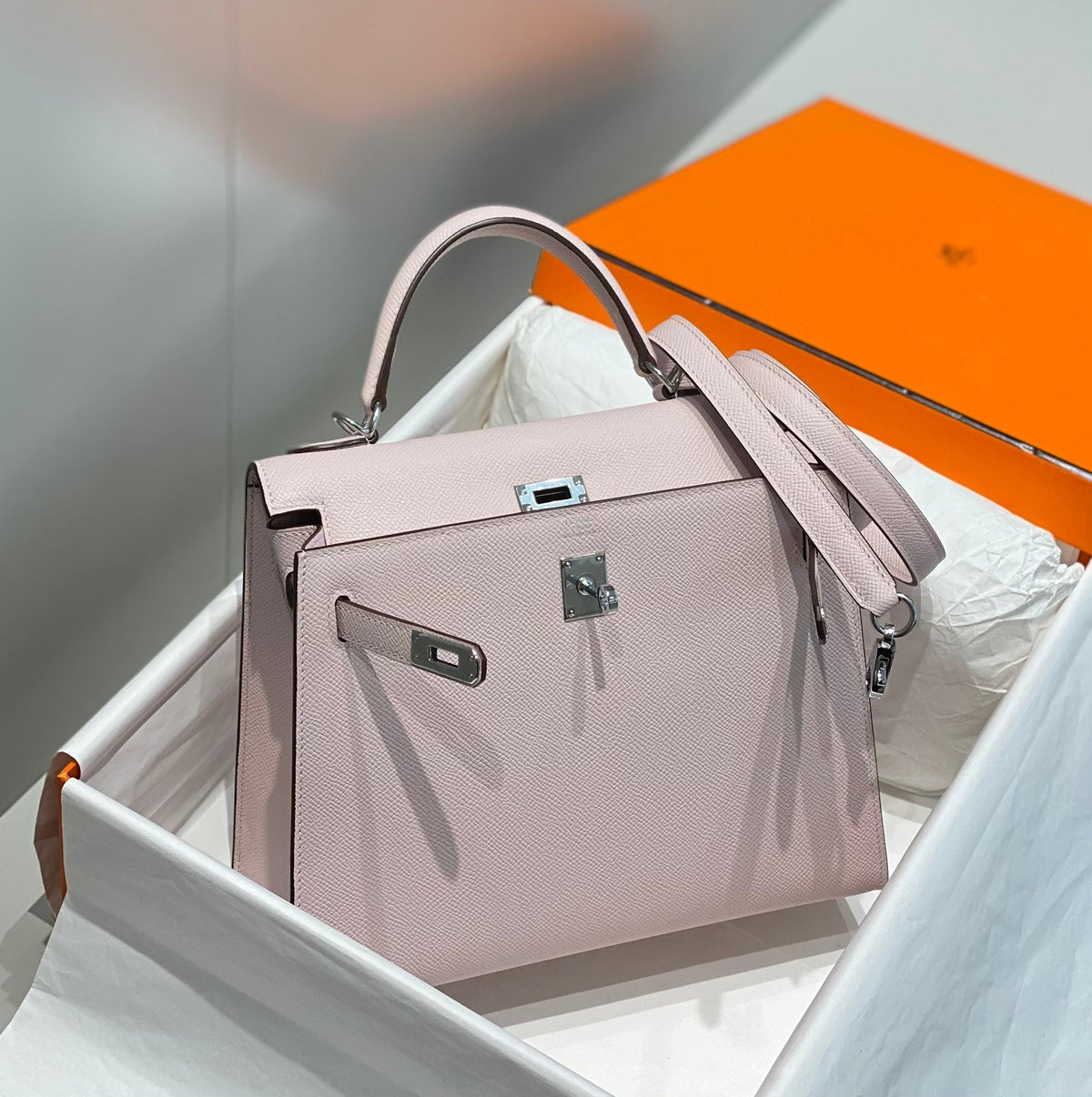 Hermes Kelly 25cm in Epsom Mauve Swift Calfskin Silver Hardware Bag