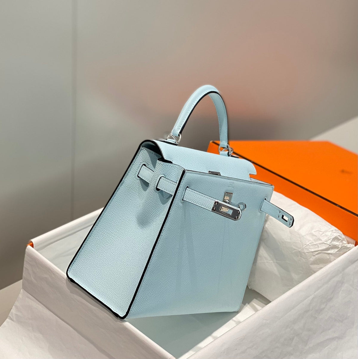 Hermes Kelly 25cm in Blue Brume Epsom Calfskin Palladium Hardware Bag
