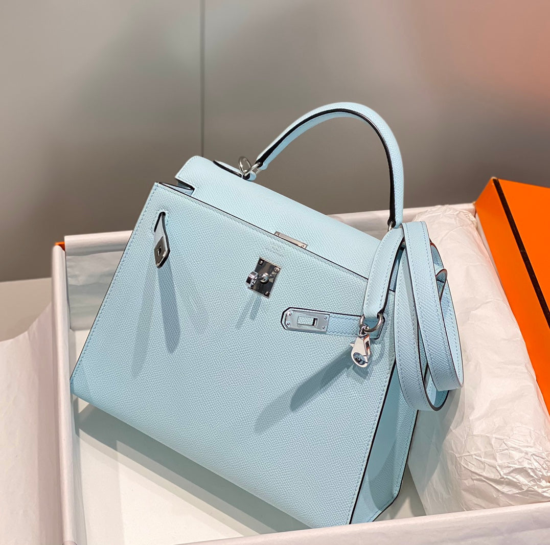 Hermes Kelly 25cm in Blue Brume Epsom Calfskin Palladium Hardware Bag