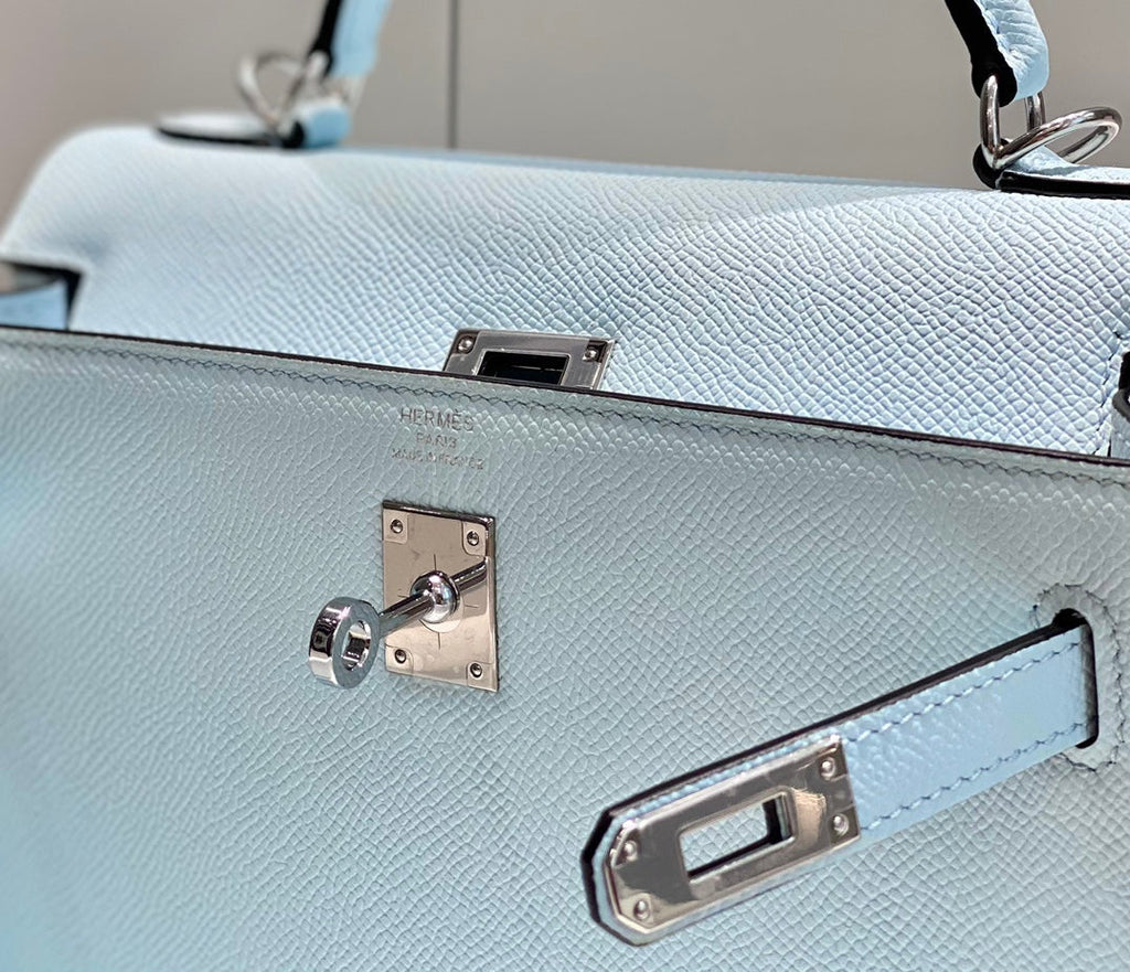 Hermes Kelly 25cm in Blue Brume Epsom Calfskin Palladium Hardware Bag