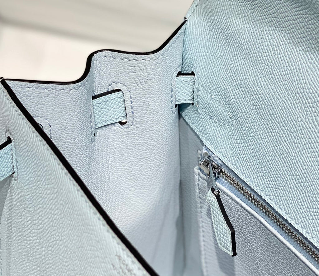 Hermes Kelly 25cm in Blue Brume Epsom Calfskin Palladium Hardware Bag