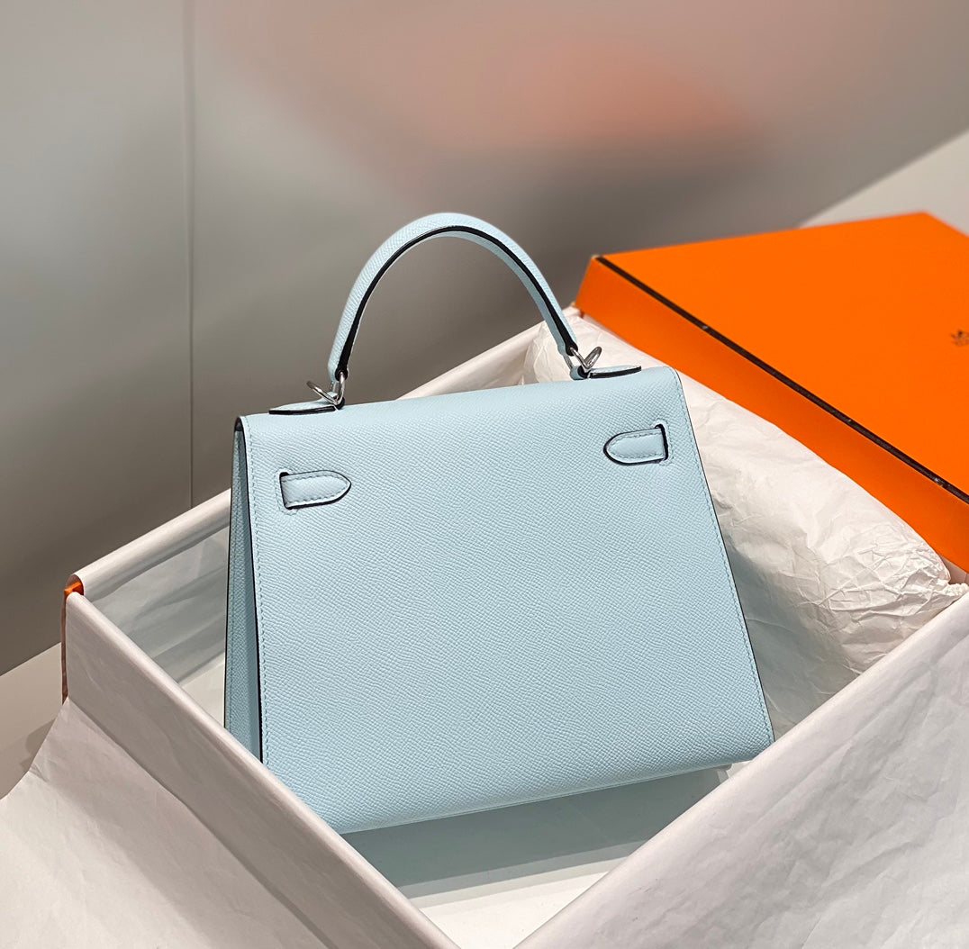 Hermes Kelly 25cm in Blue Brume Epsom Calfskin Palladium Hardware Bag