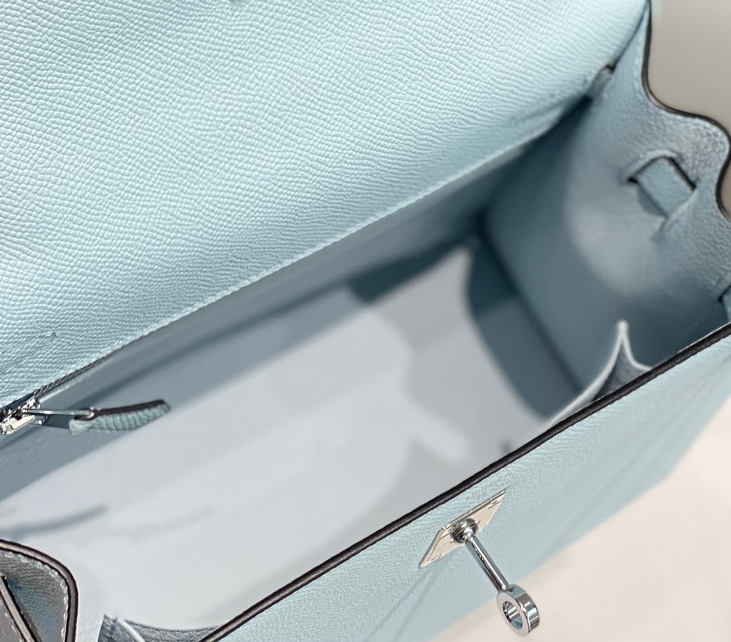 Hermes Kelly 25cm in Blue Brume Epsom Calfskin Palladium Hardware Bag