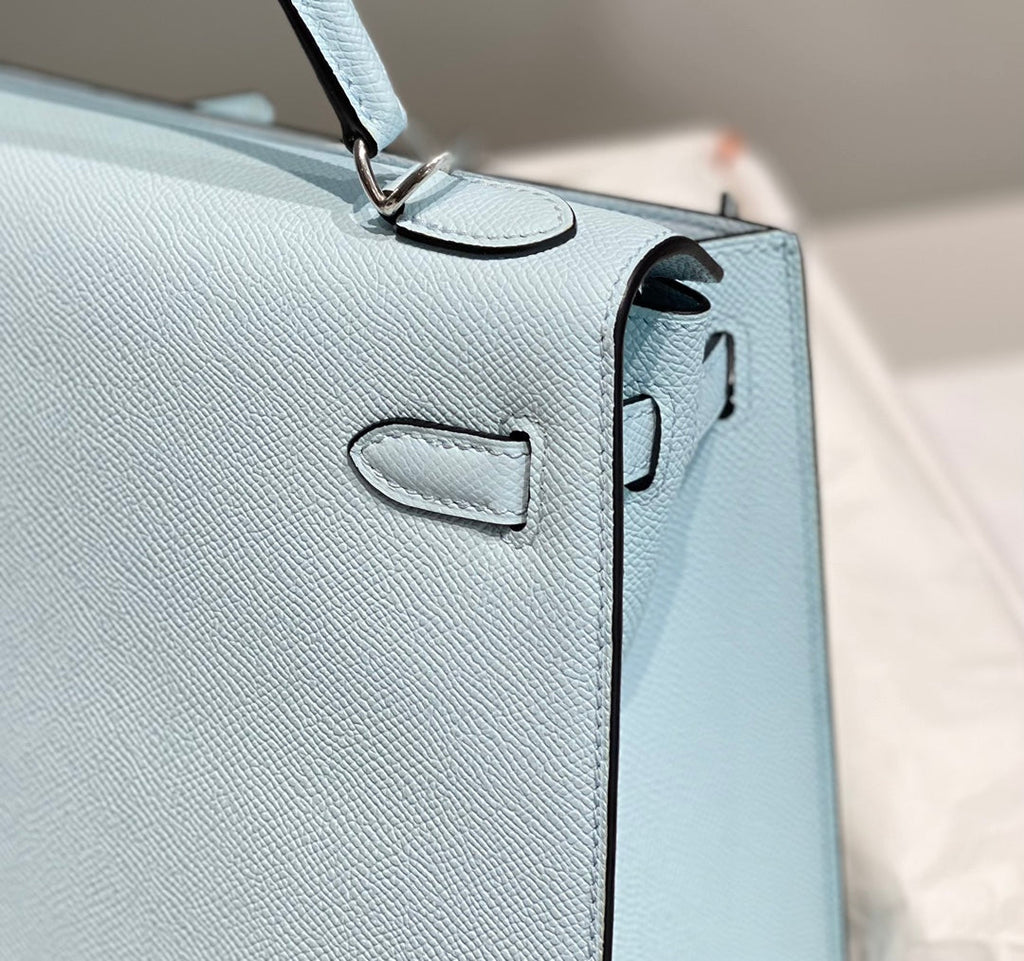 Hermes Kelly 25cm in Blue Brume Epsom Calfskin Palladium Hardware Bag