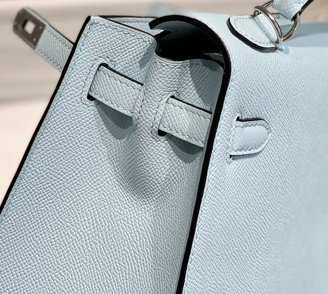 Hermes Kelly 25cm in Blue Brume Epsom Calfskin Palladium Hardware Bag