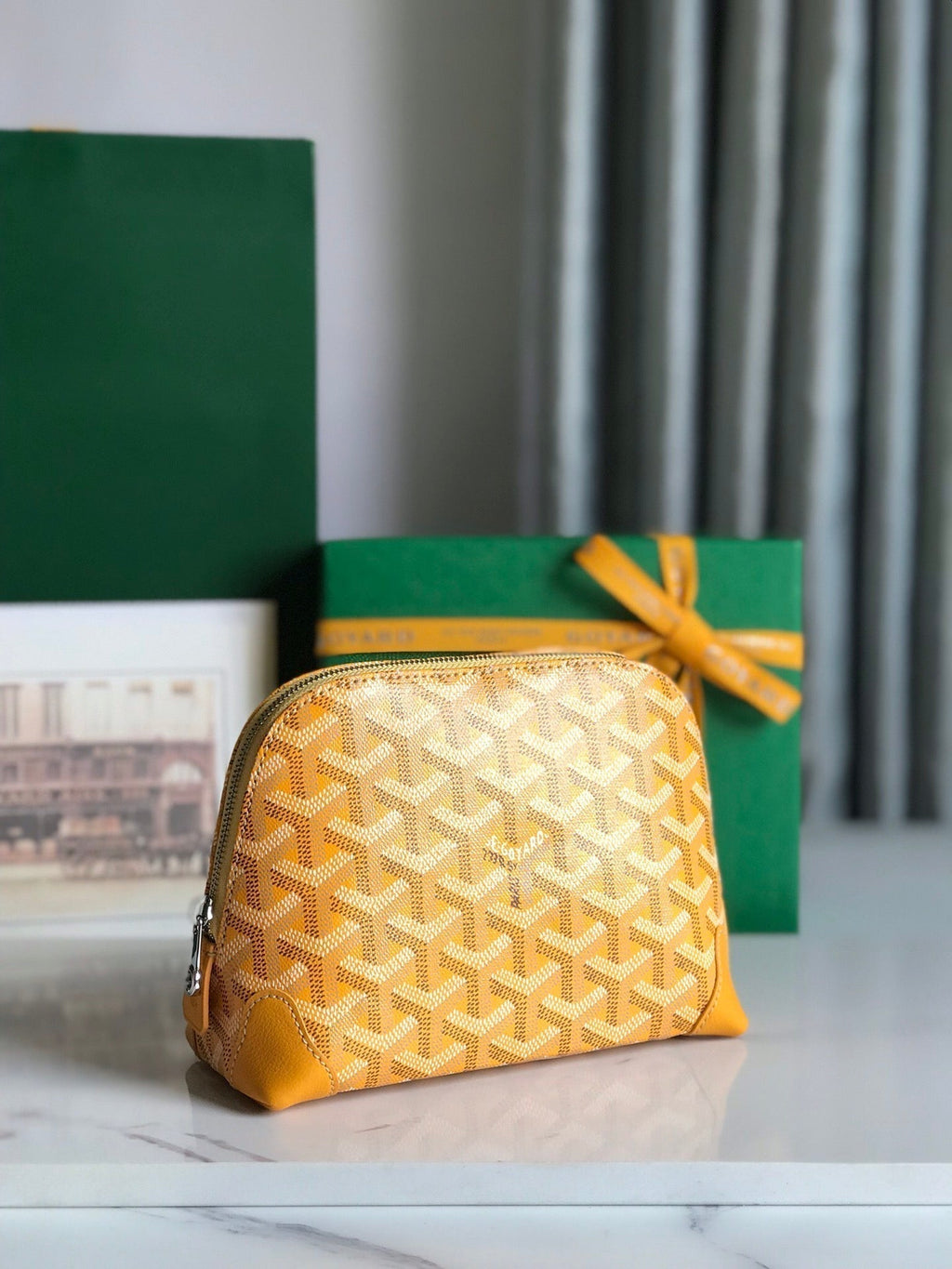 Goyard Vendôme Cosmetic Pouch 17 in Yellow Goyardine Canvas and Calfskin Trim