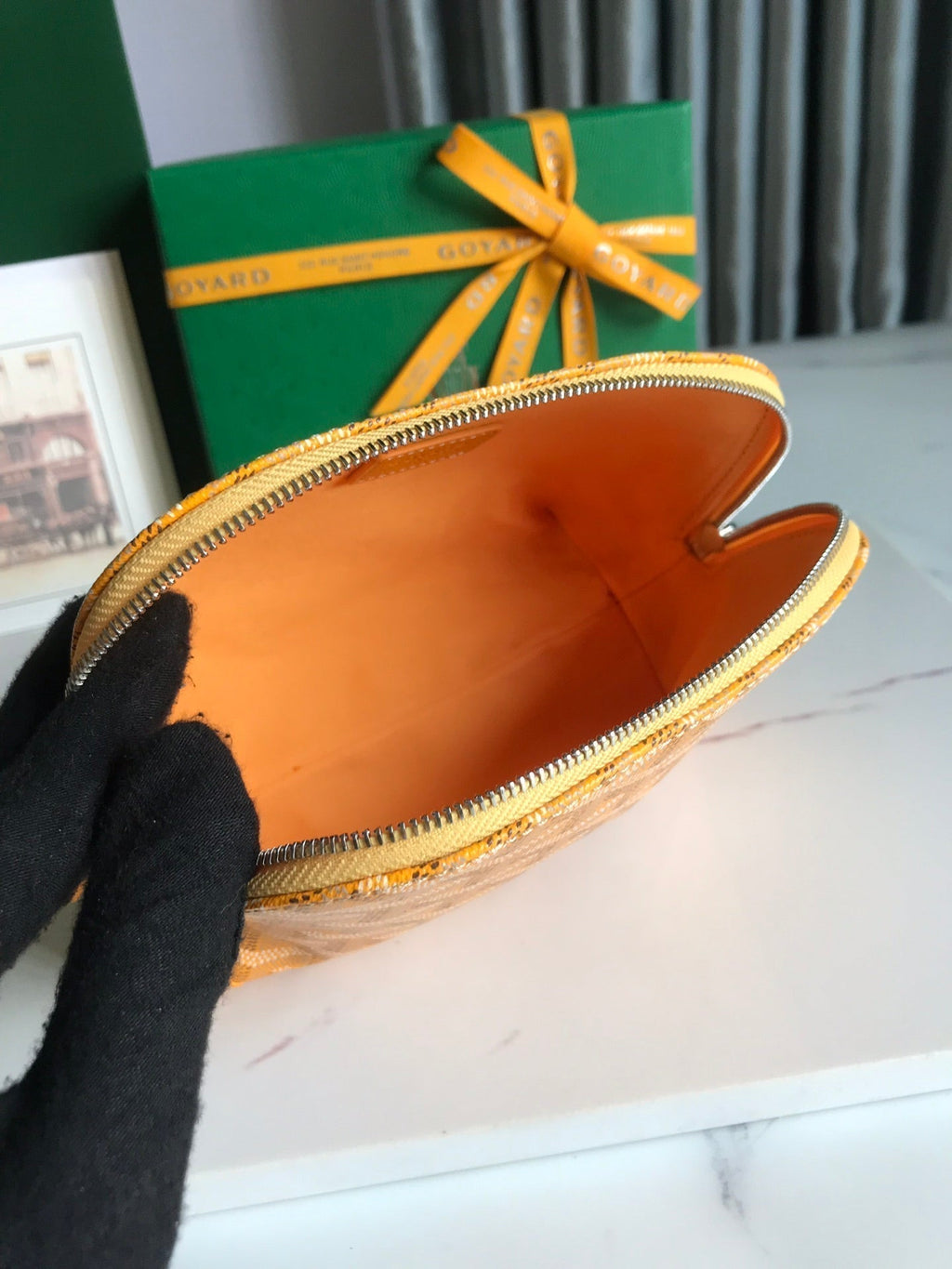 Goyard Vendôme Cosmetic Pouch 17 in Yellow Goyardine Canvas and Calfskin Trim