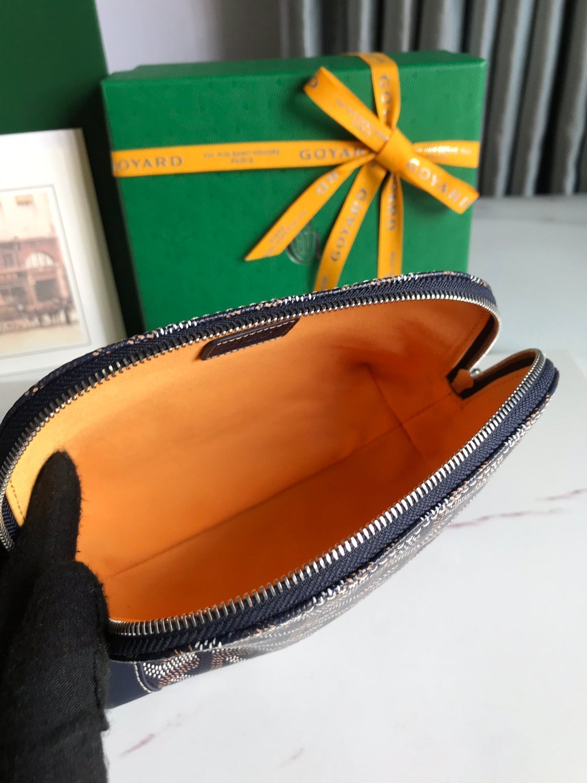 Goyard Vendôme Cosmetic Pouch 17 in Navy Blue Goyardine Canvas and Calfskin Trim