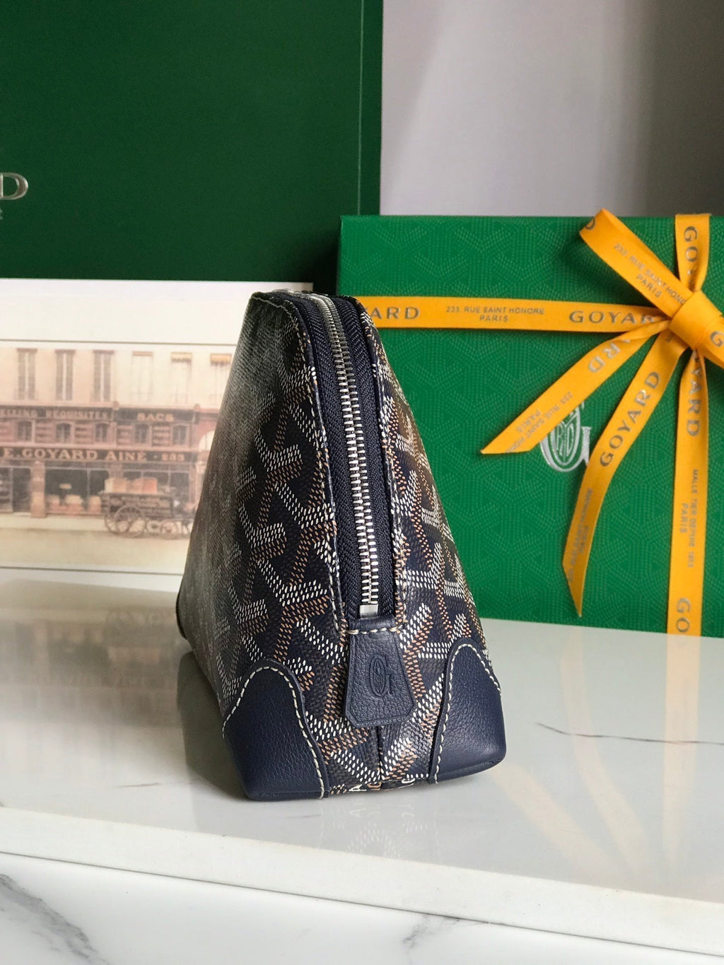 Goyard Vendôme Cosmetic Pouch 17 in Navy Blue Goyardine Canvas and Calfskin Trim