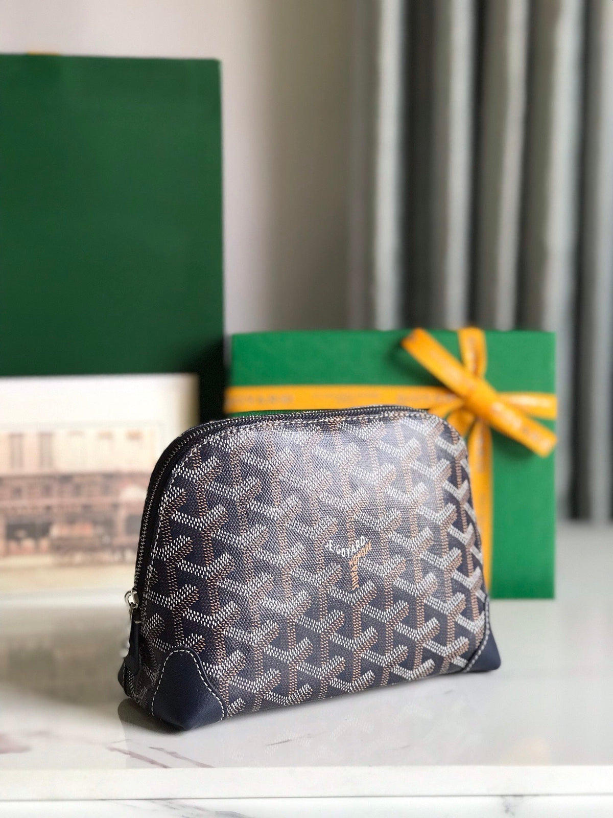Goyard Vendôme Cosmetic Pouch 17 in Navy Blue Goyardine Canvas and Calfskin Trim