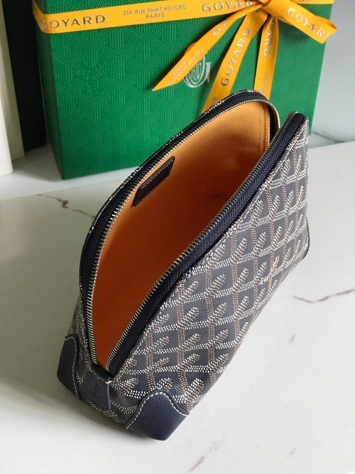 Goyard Vendôme Cosmetic Pouch 17 in Navy Blue Goyardine Canvas and Calfskin Trim