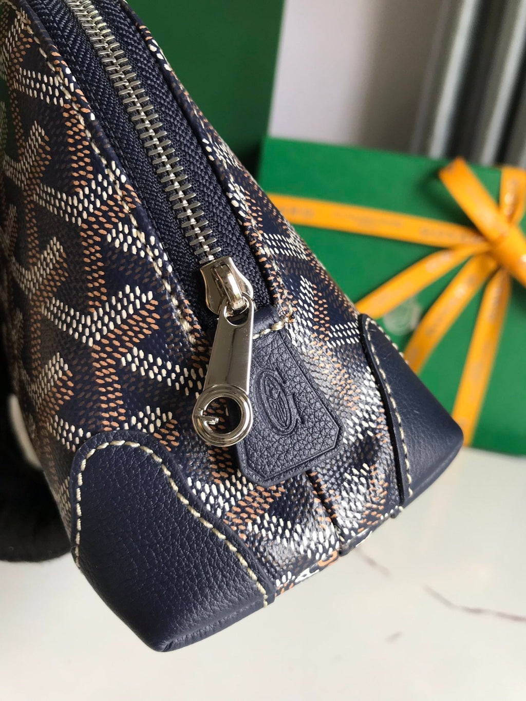 Goyard Vendôme Cosmetic Pouch 17 in Navy Blue Goyardine Canvas and Calfskin Trim
