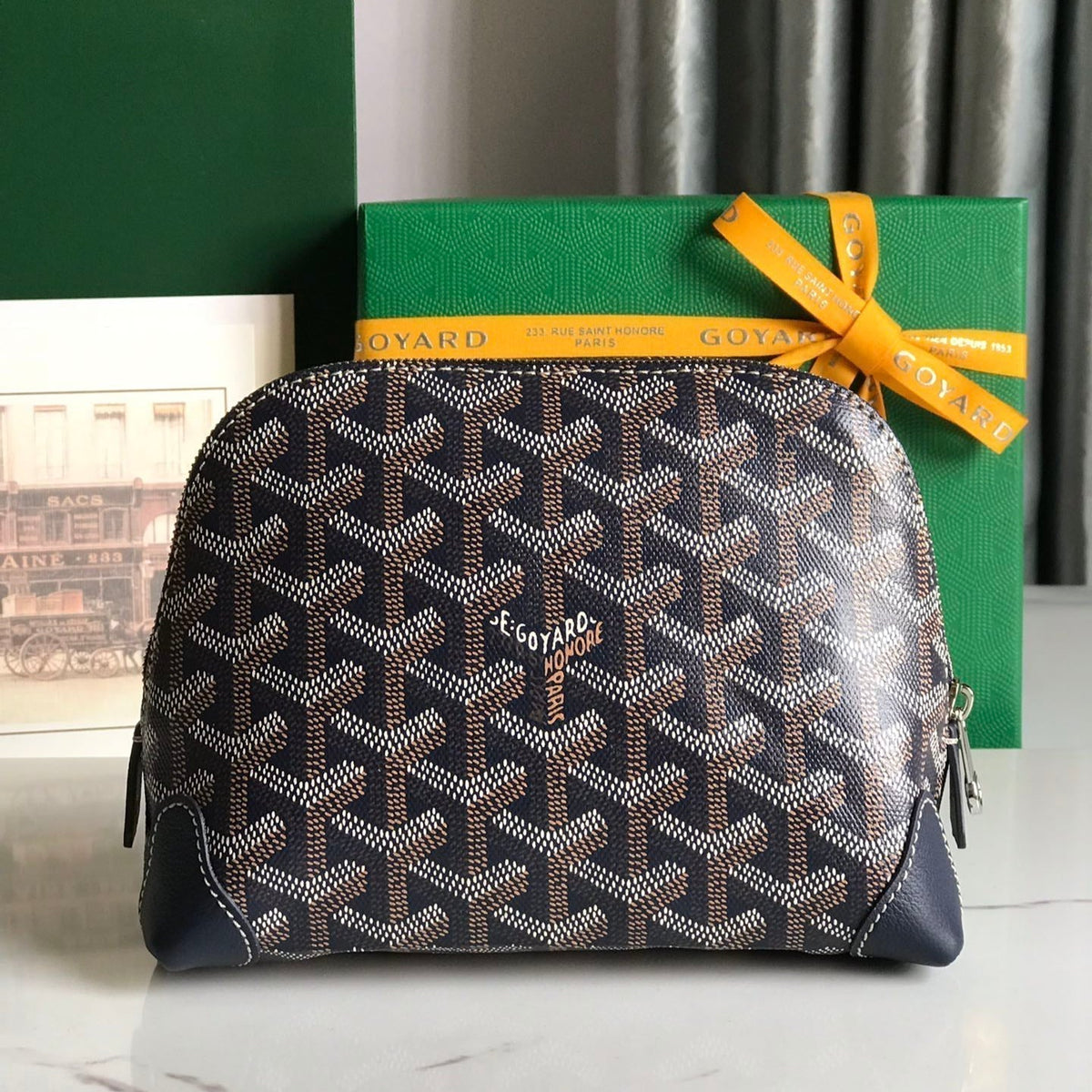 Goyard Vendôme Cosmetic Pouch 17 in Navy Blue Goyardine Canvas and Calfskin Trim