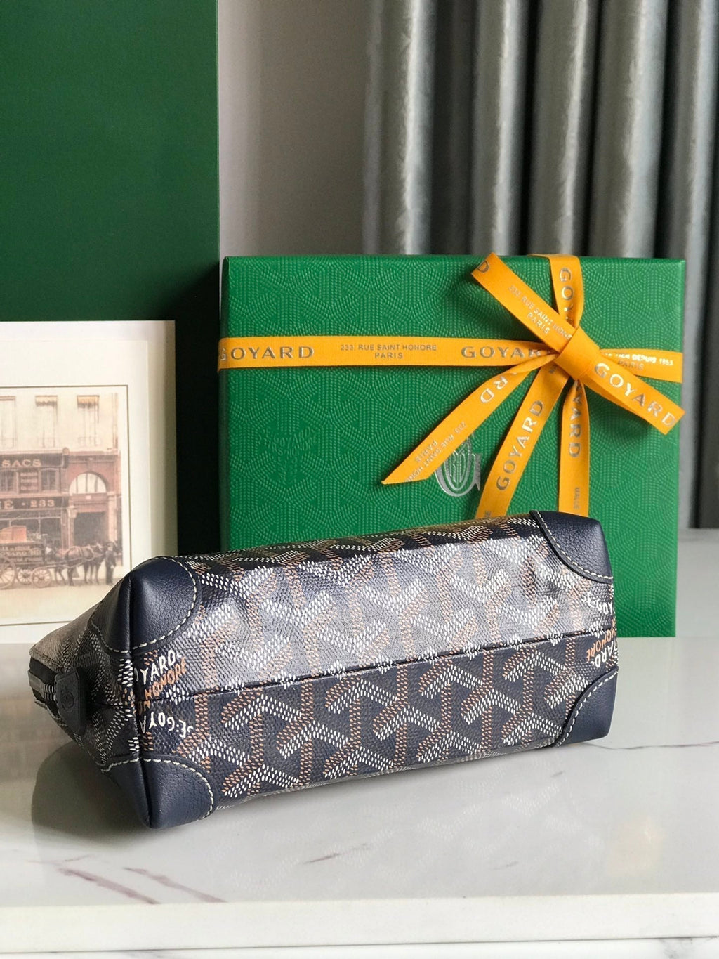 Goyard Vendôme Cosmetic Pouch 17 in Navy Blue Goyardine Canvas and Calfskin Trim