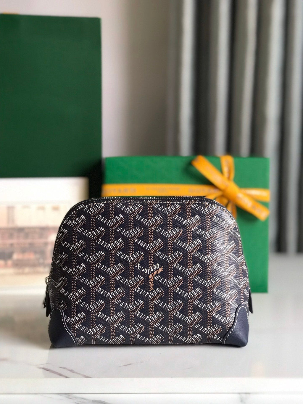 Goyard Vendôme Cosmetic Pouch 17 in Navy Blue Goyardine Canvas and Calfskin Trim