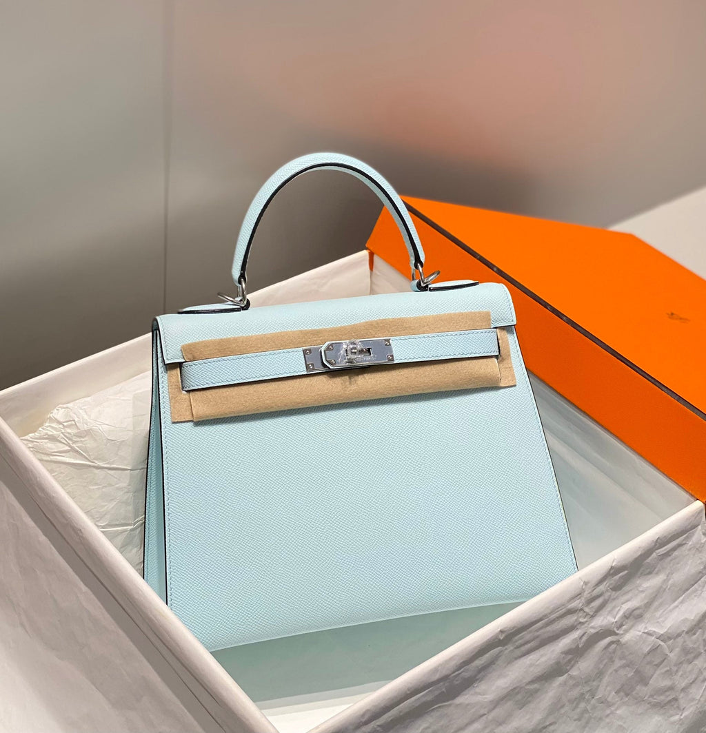Hermes Kelly 28cm in Blue Brume Epsom Calfskin Palladium Hardware Bag