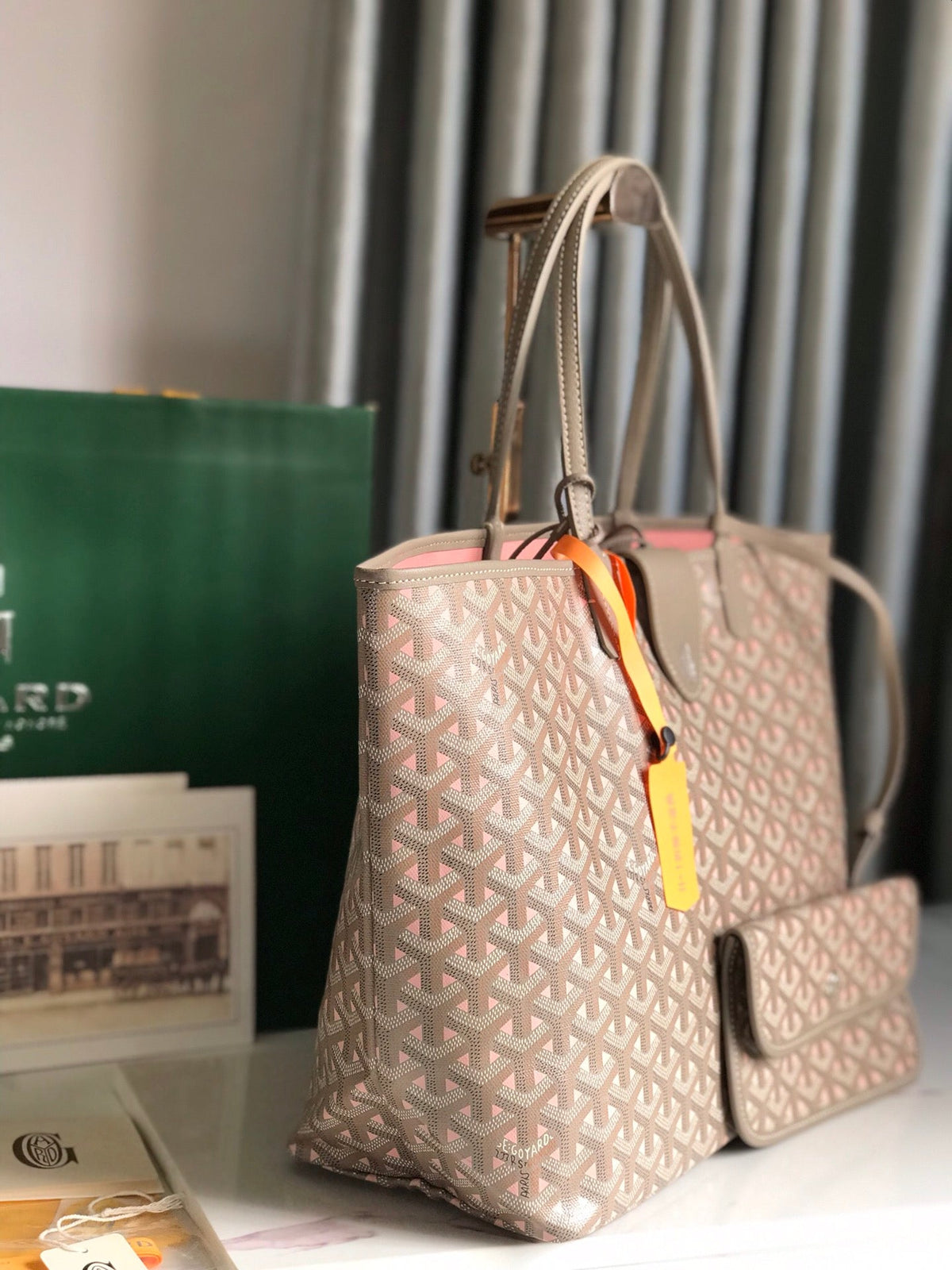 Goyard Saint Louis PM 34 in Grey Mix Pink Goyardine Canvas and Calfskin Bag