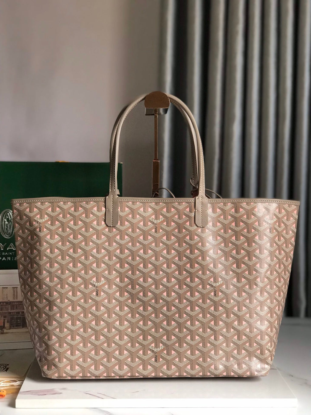 Goyard Saint Louis PM 34 in Grey Mix Pink Goyardine Canvas and Calfskin Bag