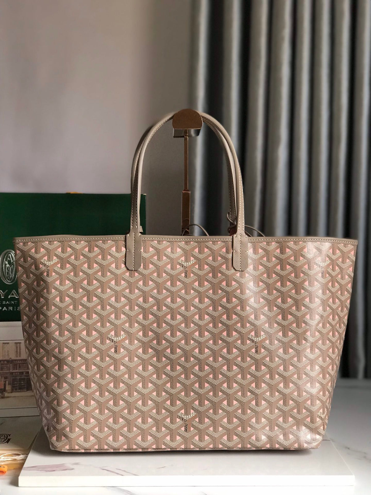 Goyard Saint Louis PM 34 in Grey Mix Pink Goyardine Canvas and Calfskin Bag