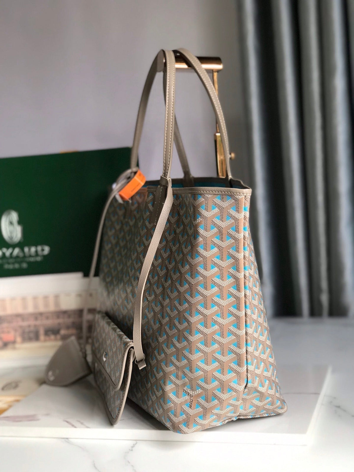 Goyard Saint Louis PM 34 in Grey Mix Blue Goyardine Canvas and Calfskin Bag