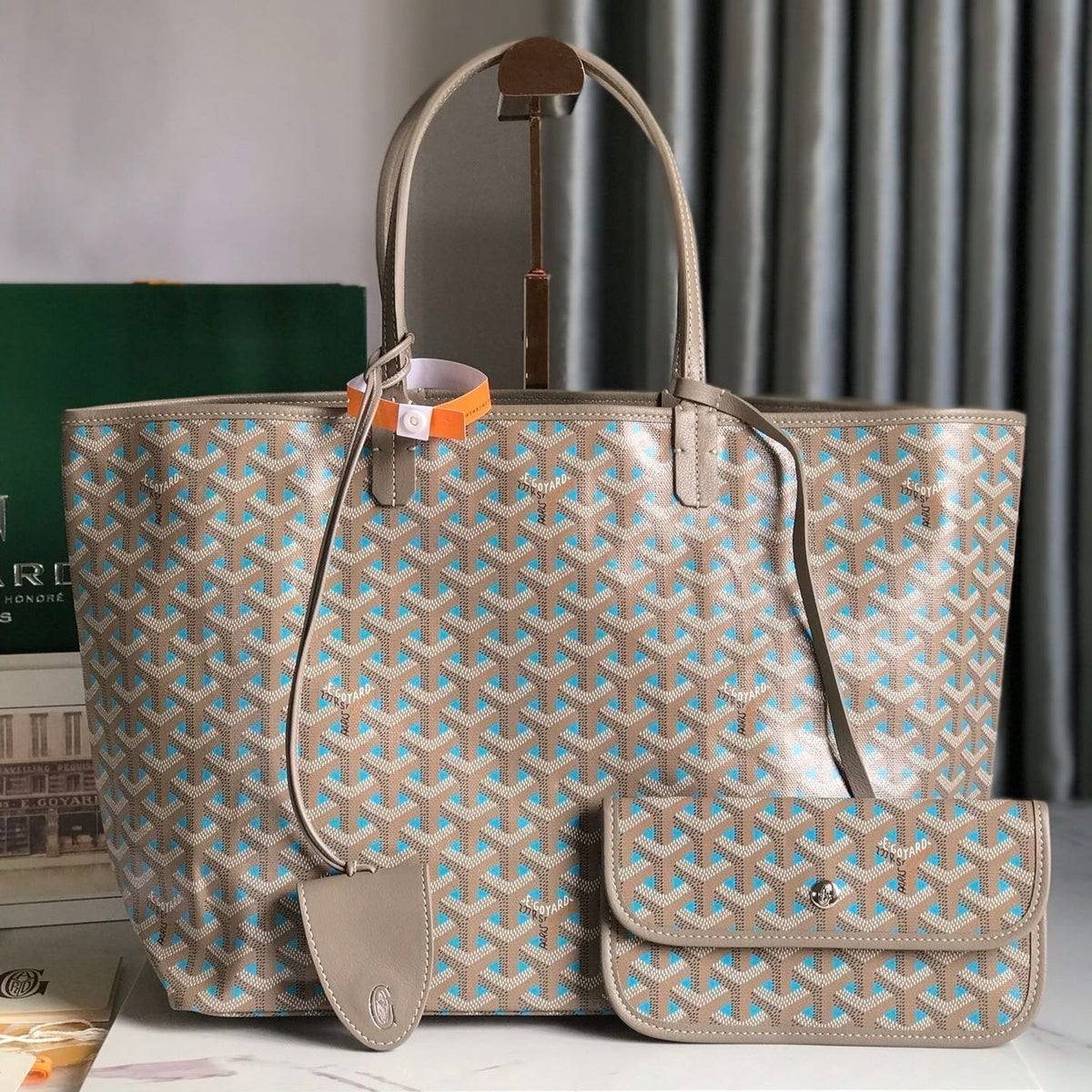 Goyard Saint Louis PM 34 in Grey Mix Blue Goyardine Canvas and Calfskin Bag