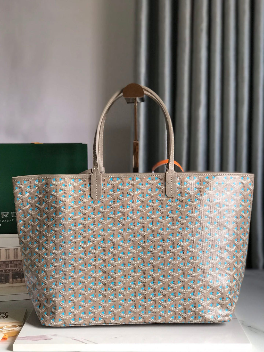 Goyard Saint Louis PM 34 in Grey Mix Blue Goyardine Canvas and Calfskin Bag