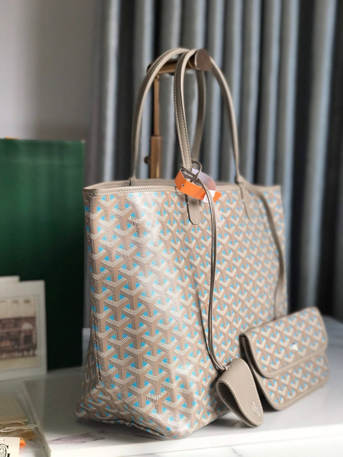 Goyard Saint Louis PM 34 in Grey Mix Blue Goyardine Canvas and Calfskin Bag