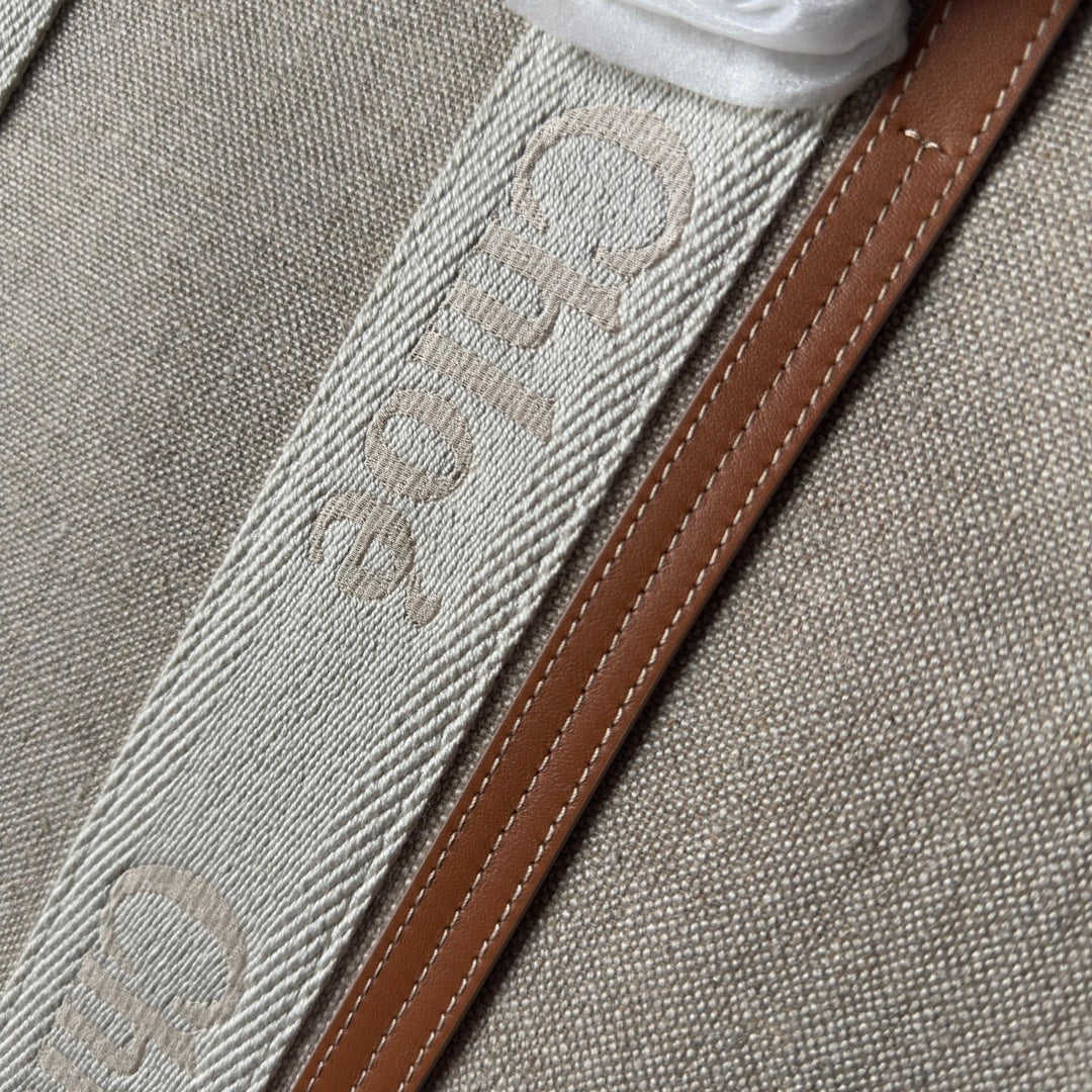 Lagre Woody Tote Bag 45 in Beige Linen Canvas Webbing Logo Embroidery Brown Calfskin