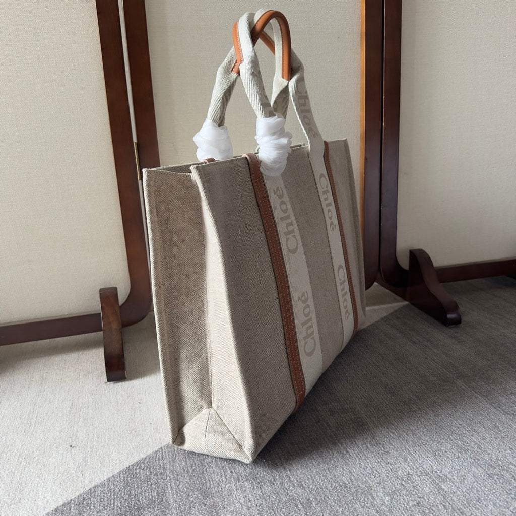 Lagre Woody Tote Bag 45 in Beige Linen Canvas Webbing Logo Embroidery Brown Calfskin