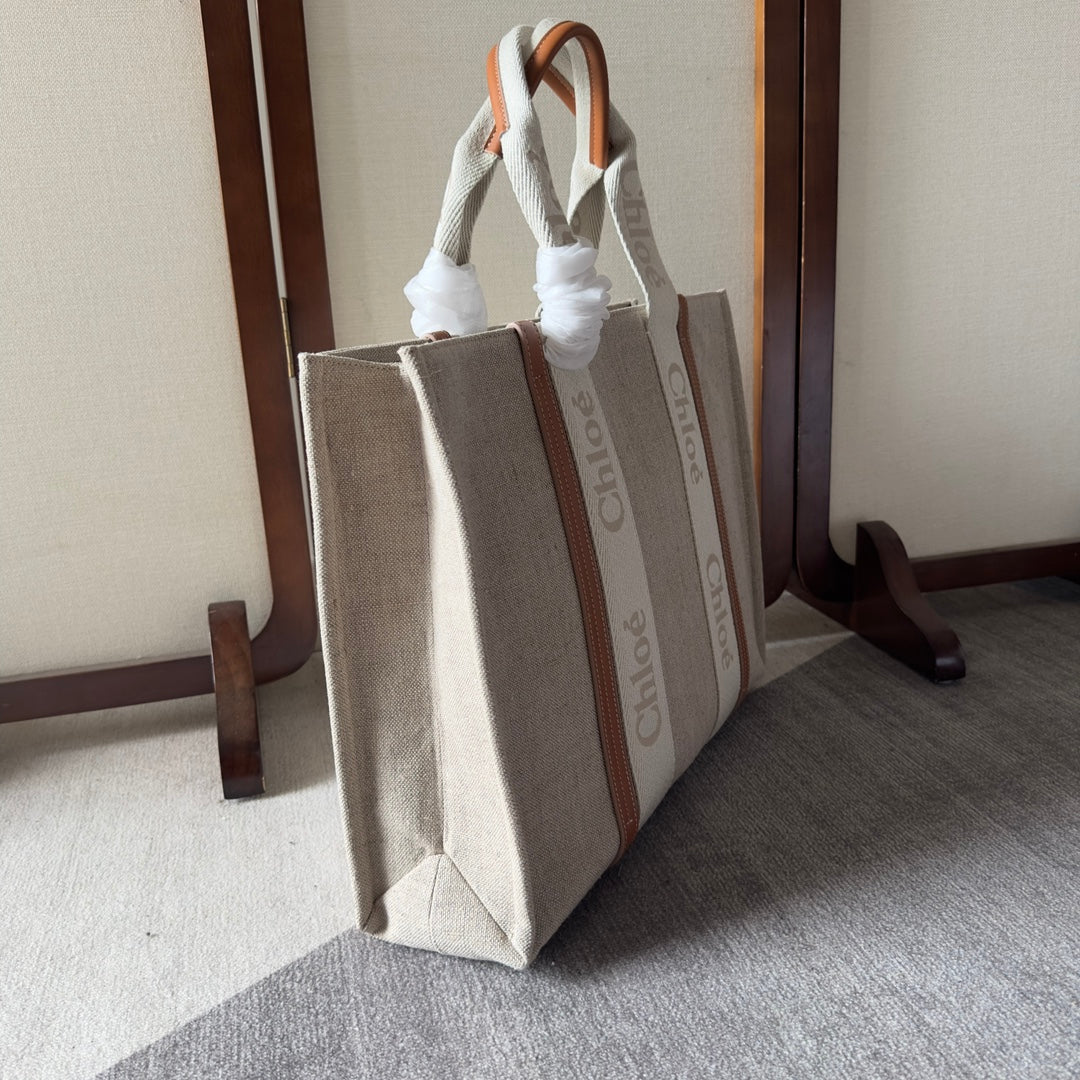 Lagre Woody Tote Bag 45 in Beige Linen Canvas Webbing Logo Embroidery Brown Calfskin