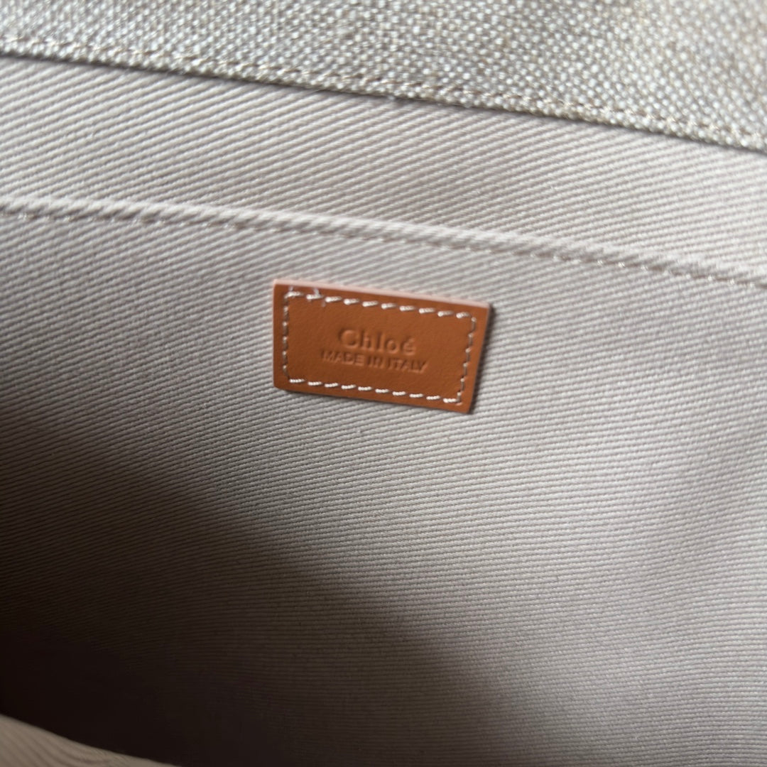 Lagre Woody Tote Bag 45 in Beige Linen Canvas Webbing Logo Embroidery Brown Calfskin