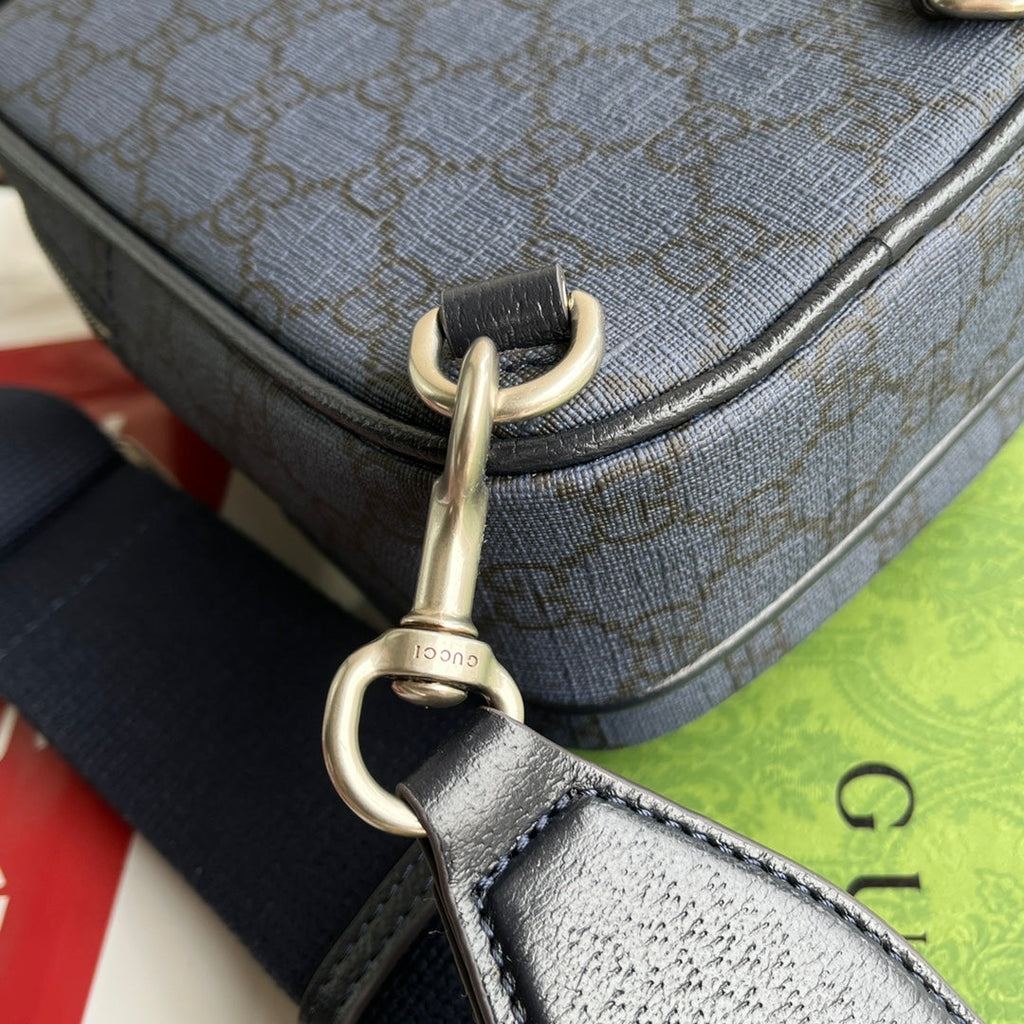 Gucci Ophidia Mini Bag 18 in Dark Blue Monogram Canvas and Black Lambskin Trim