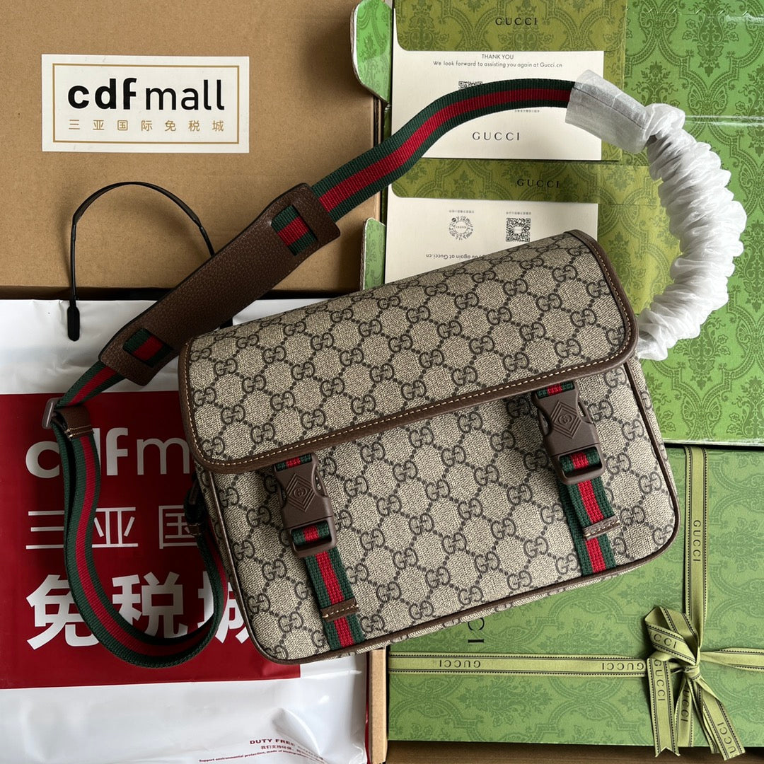 Gucci Ophidia Medium Messenger Bag 27 in Beige and Ebony Calfskin Green Red Web Stripe Canvas