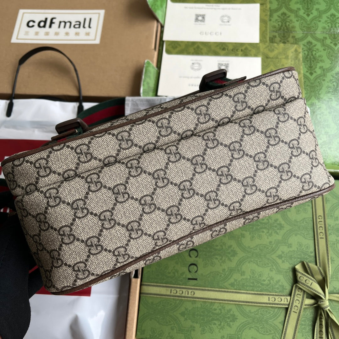 Gucci Ophidia Medium Messenger Bag 27 in Beige and Ebony Calfskin Green Red Web Stripe Canvas