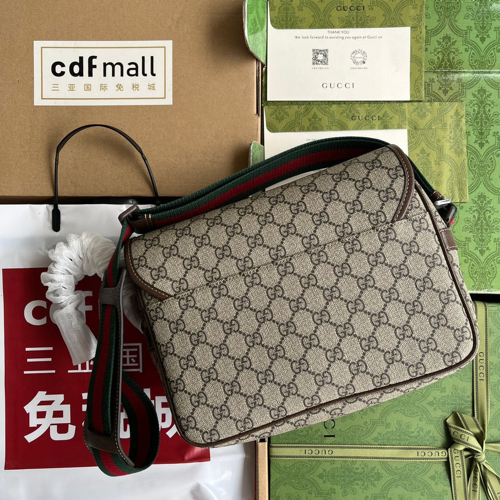 Gucci Ophidia Medium Messenger Bag 27 in Beige and Ebony Calfskin Green Red Web Stripe Canvas