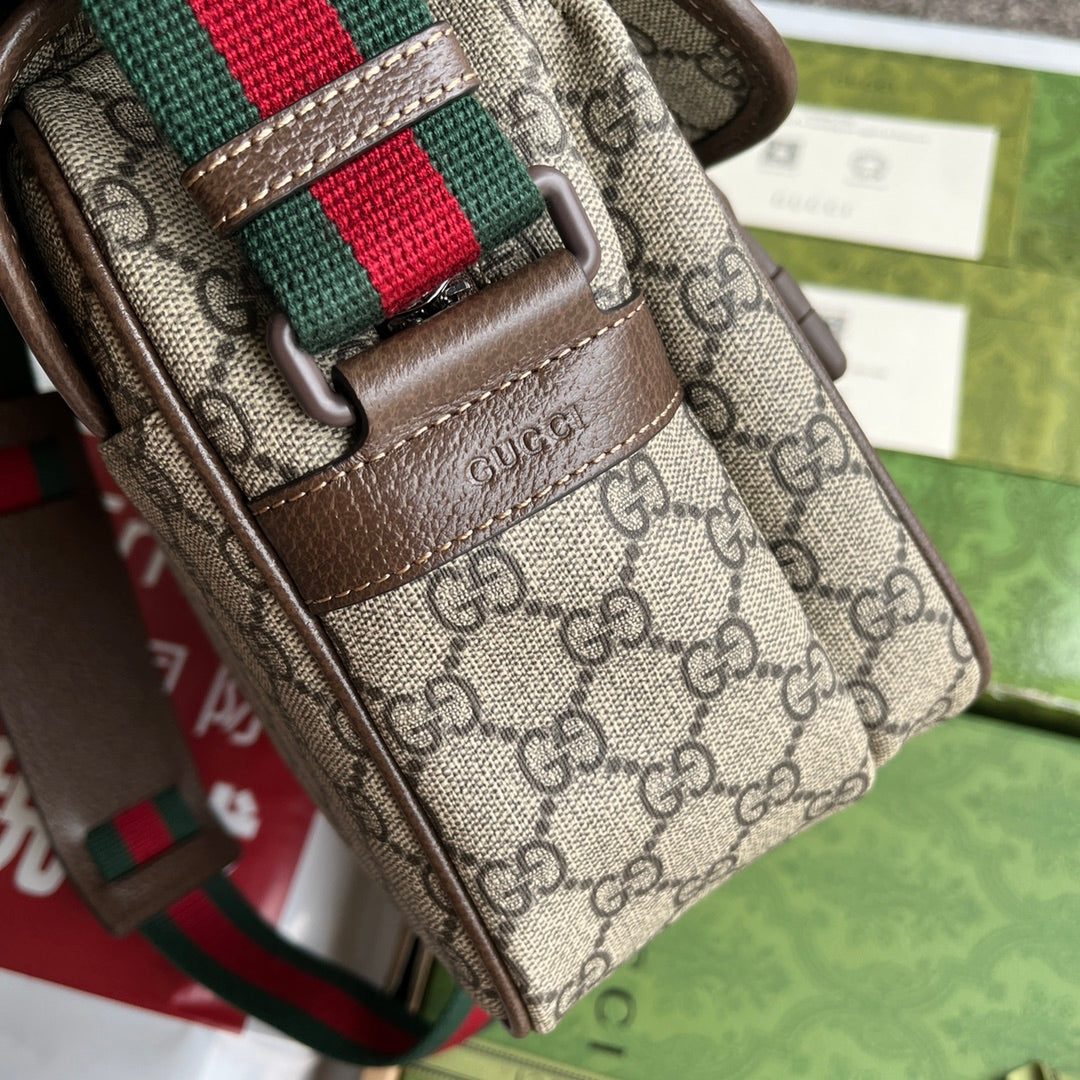 Gucci Ophidia Medium Messenger Bag 27 in Beige and Ebony Calfskin Green Red Web Stripe Canvas