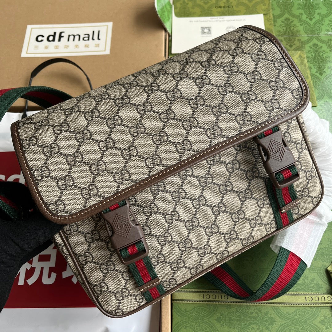 Gucci Ophidia Medium Messenger Bag 27 in Beige and Ebony Calfskin Green Red Web Stripe Canvas