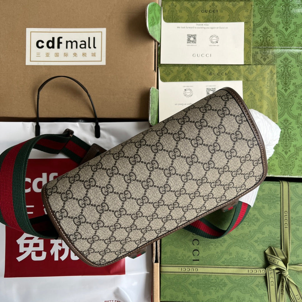 Gucci Ophidia Medium Messenger Bag 27 in Beige and Ebony Calfskin Green Red Web Stripe Canvas