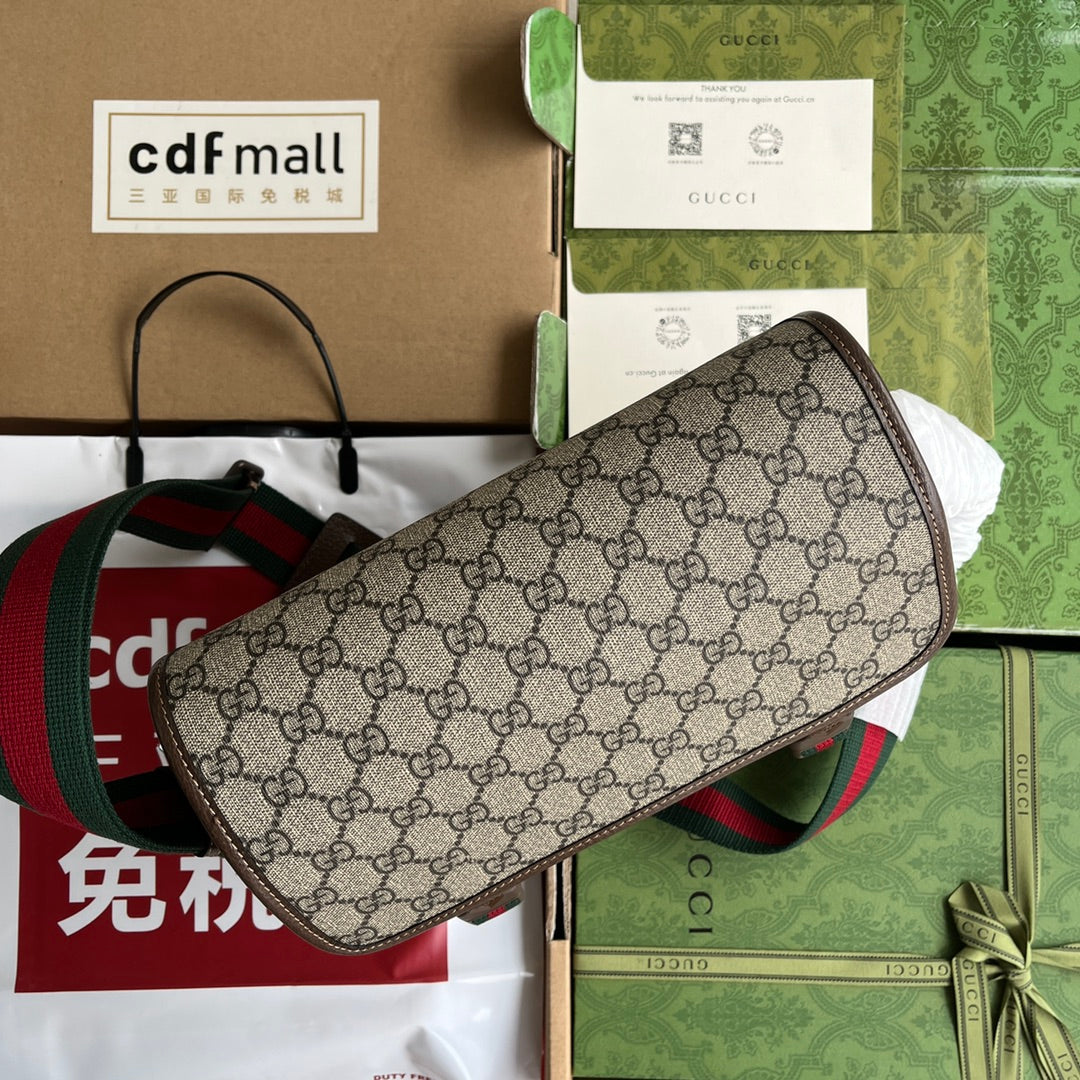 Gucci Ophidia Medium Messenger Bag 27 in Beige and Ebony Calfskin Green Red Web Stripe Canvas