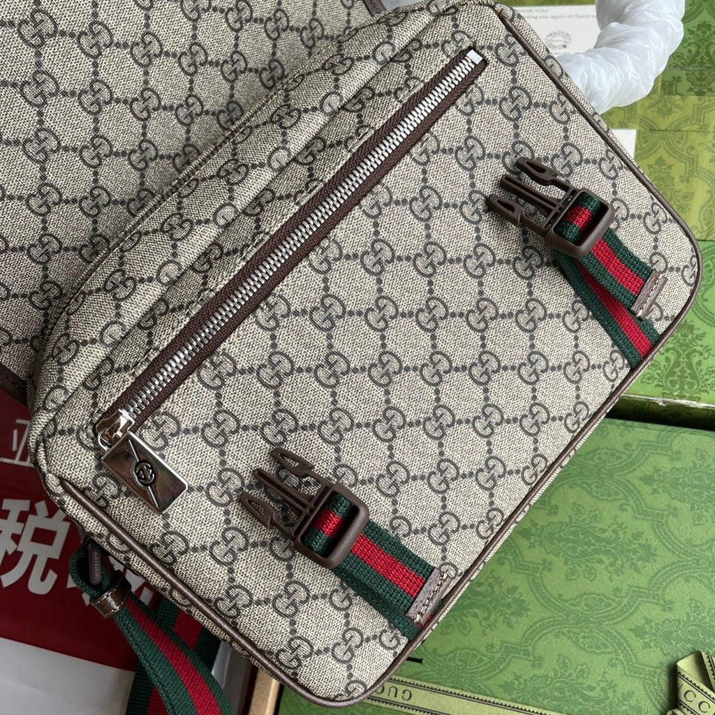 Gucci Ophidia Medium Messenger Bag 27 in Beige and Ebony Calfskin Green Red Web Stripe Canvas