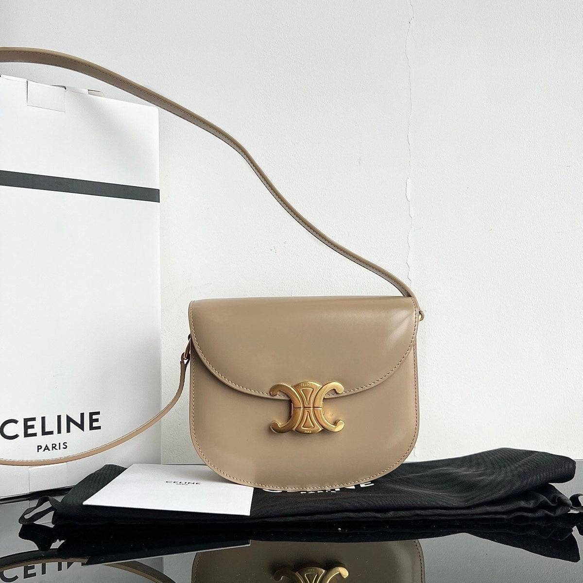 Celine Triomphe Shiny Calfskin Handbag 18 Cream Grey