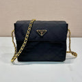 Prada Large Quilted Flap Bag 23 in Black Re-Nylon Fabric Gold Chain