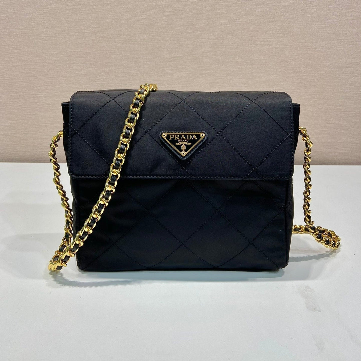 Prada Large Quilted Flap Bag 23 in Black Re-Nylon Fabric Gold Chain